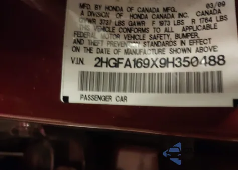 2009 Honda Civic Ex-L from USA, damaged, VIN 2HGFA169X9H350488